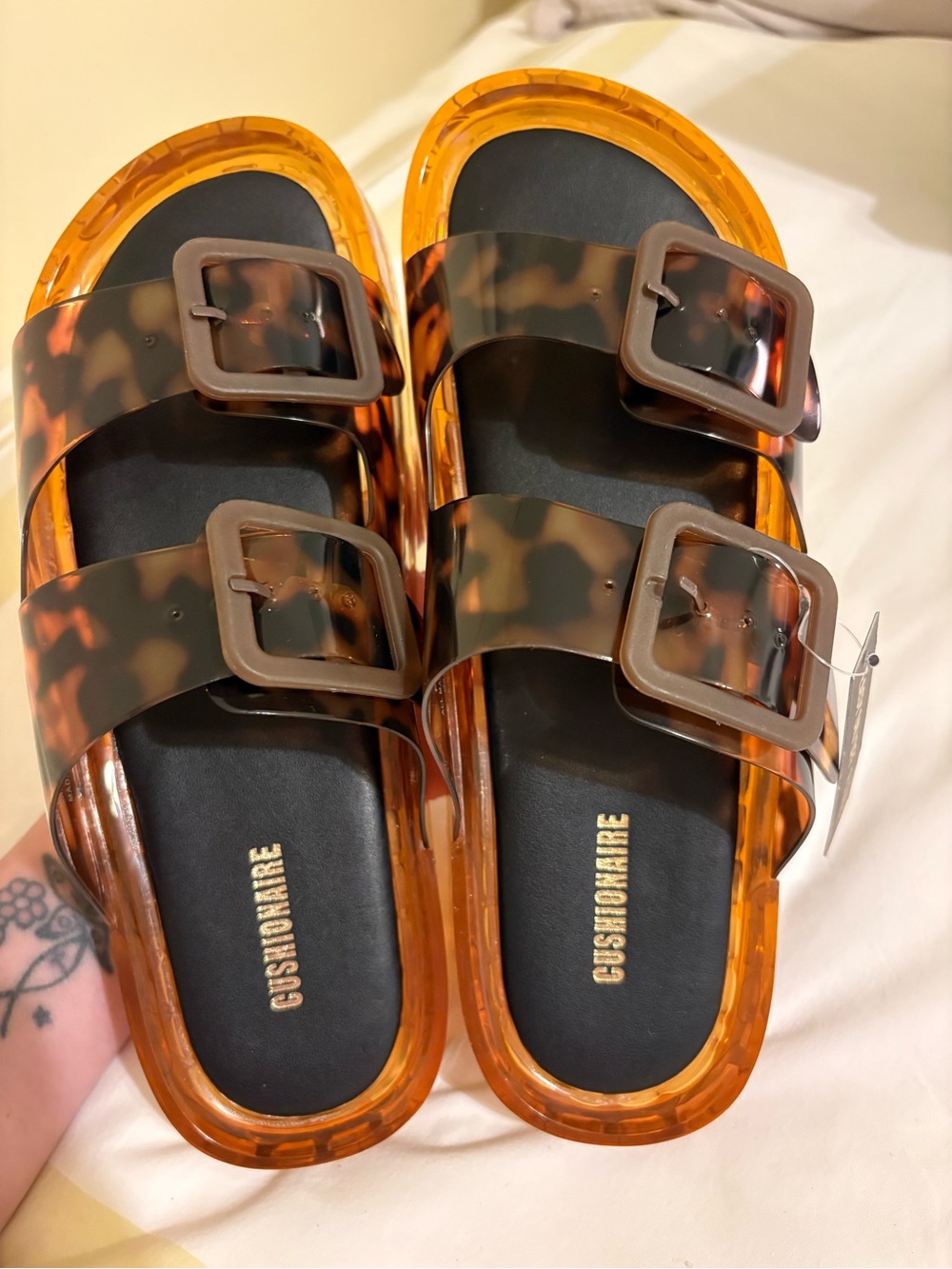 Cushionaire Tortoiseshell Double-Buckle Slide Sandals in Brown